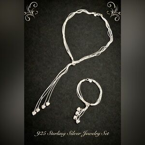 925 Sterling Silver Necklace Bracelet Set Multi Strand Heart Dangles Minimalist